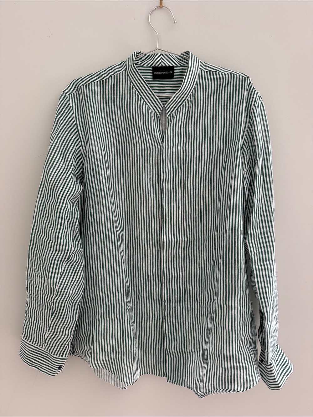 Emporio Armani Green and White Striped Casual Button-Down Shirt